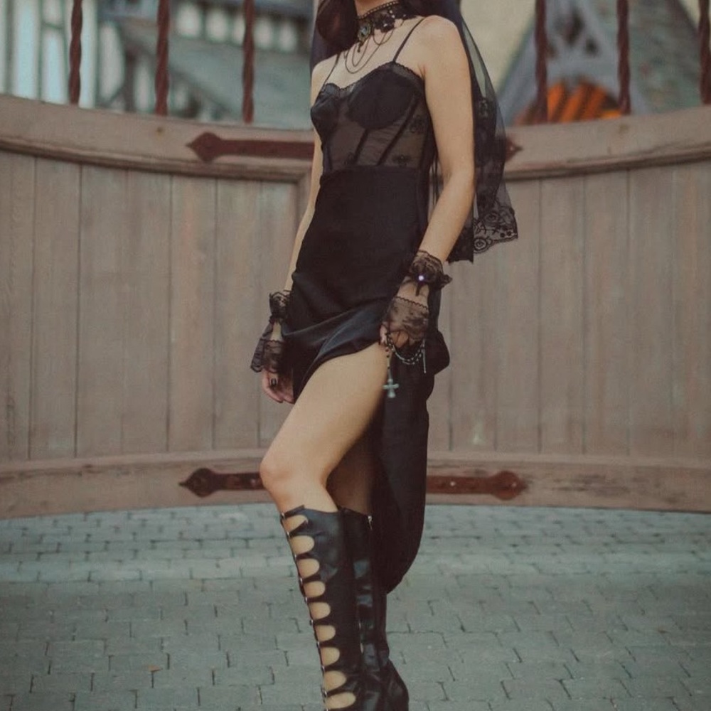 Nasty Gal Black Lace-Trim Satin Slip Dress - Picture 4 of 7